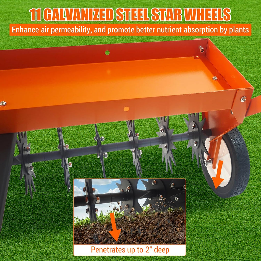 40 Inch Tow Behind Spike Aerator, Heavy Duty Lawn Aerator with Steel Teeth, Weight Tray & Transport Wheels for Garden, Farm Tractor, ATV – Durable Galvanized Steel Tines,Orange