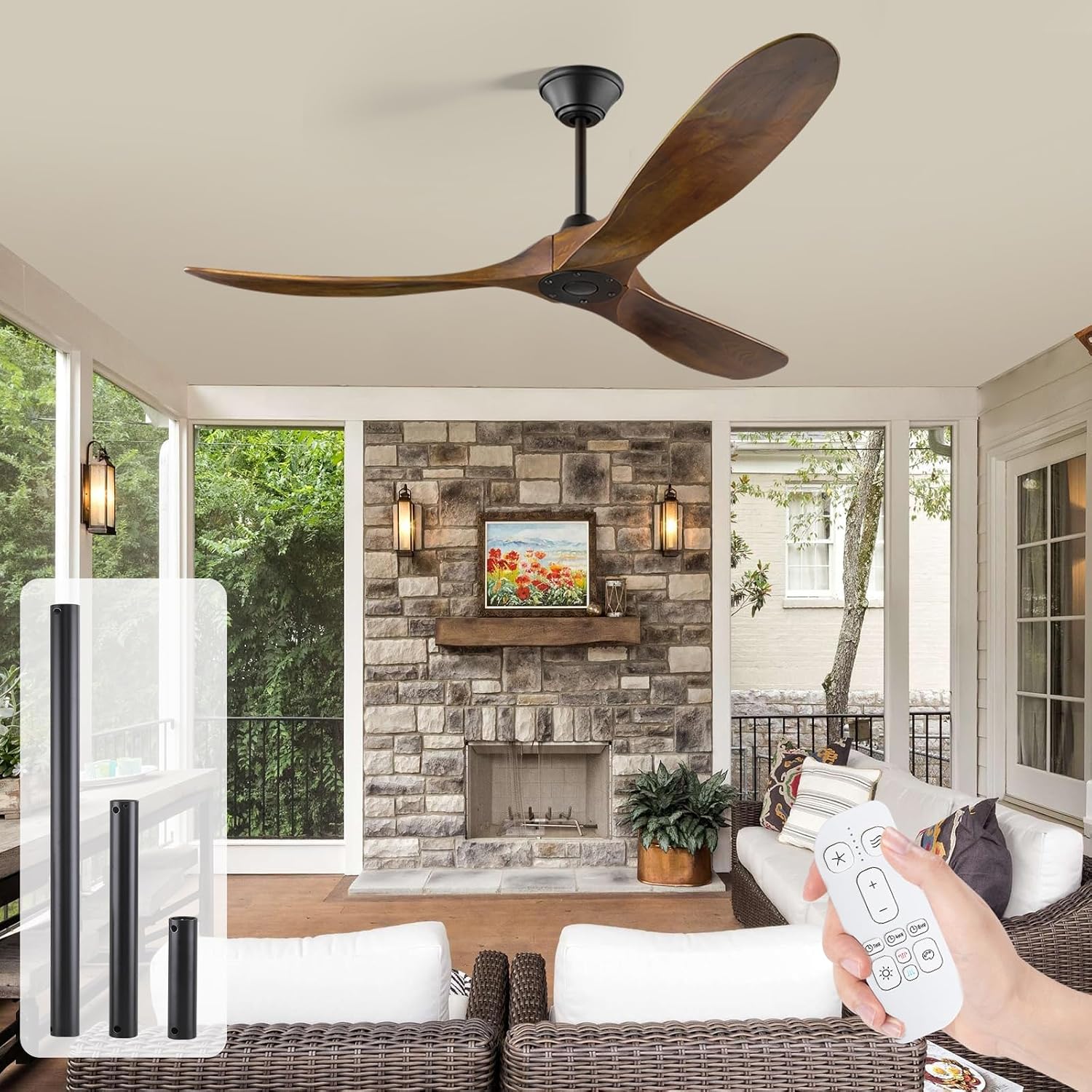 60 Inch Outdoor Ceiling Fan Without Light, 3 Blade Farmhouse Ceiling Fans with Quiet Reversible DC Motor, Wood Propeller Ceiling Fan for Living Room Bedroom Porch Exterior Patio Porch