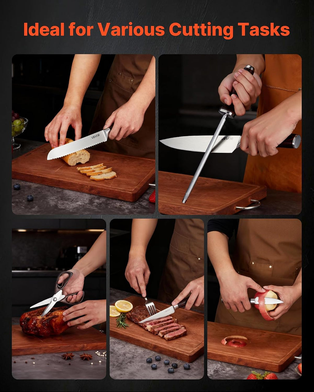 VEVOR Kitchen Knife Set with Block and Sharpener, 15 Piece High Carbon Stainless Steel Knife Set, Rust-Resistant Kitchen Cutlery with Ergonomic Handle, Sharpening Rod & Premium Wooden Block, for Home