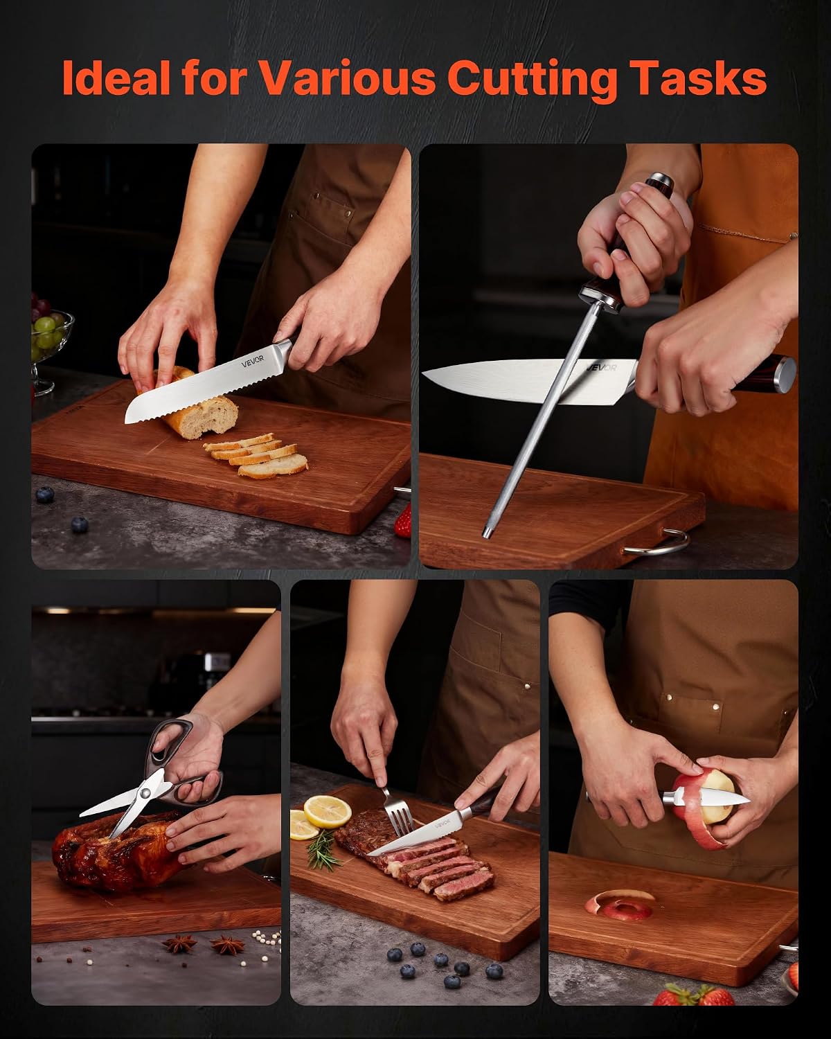 VEVOR Kitchen Knife Set with Block and Sharpener, 15 Piece High Carbon Stainless Steel Knife Set, Rust-Resistant Kitchen Cutlery with Ergonomic Handle, Sharpening Rod & Premium Wooden Block, for Home