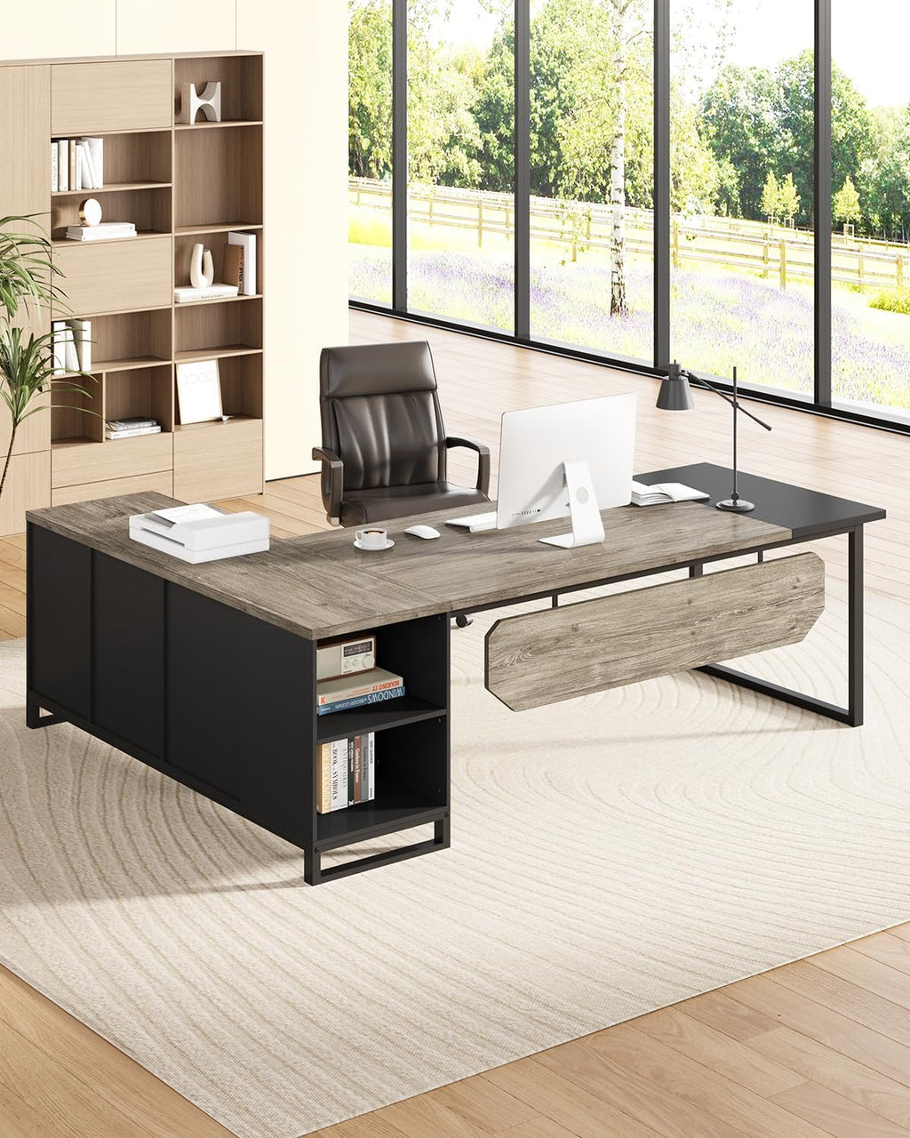 LITTLE TREE 70.8 Inches Executive Desk and 55 Inches File Cabinet Combo, Large L Shaped Computer Desk with Storage Cabinet and Shelves, Modern Business Furniture for Home Office, Grey & Black