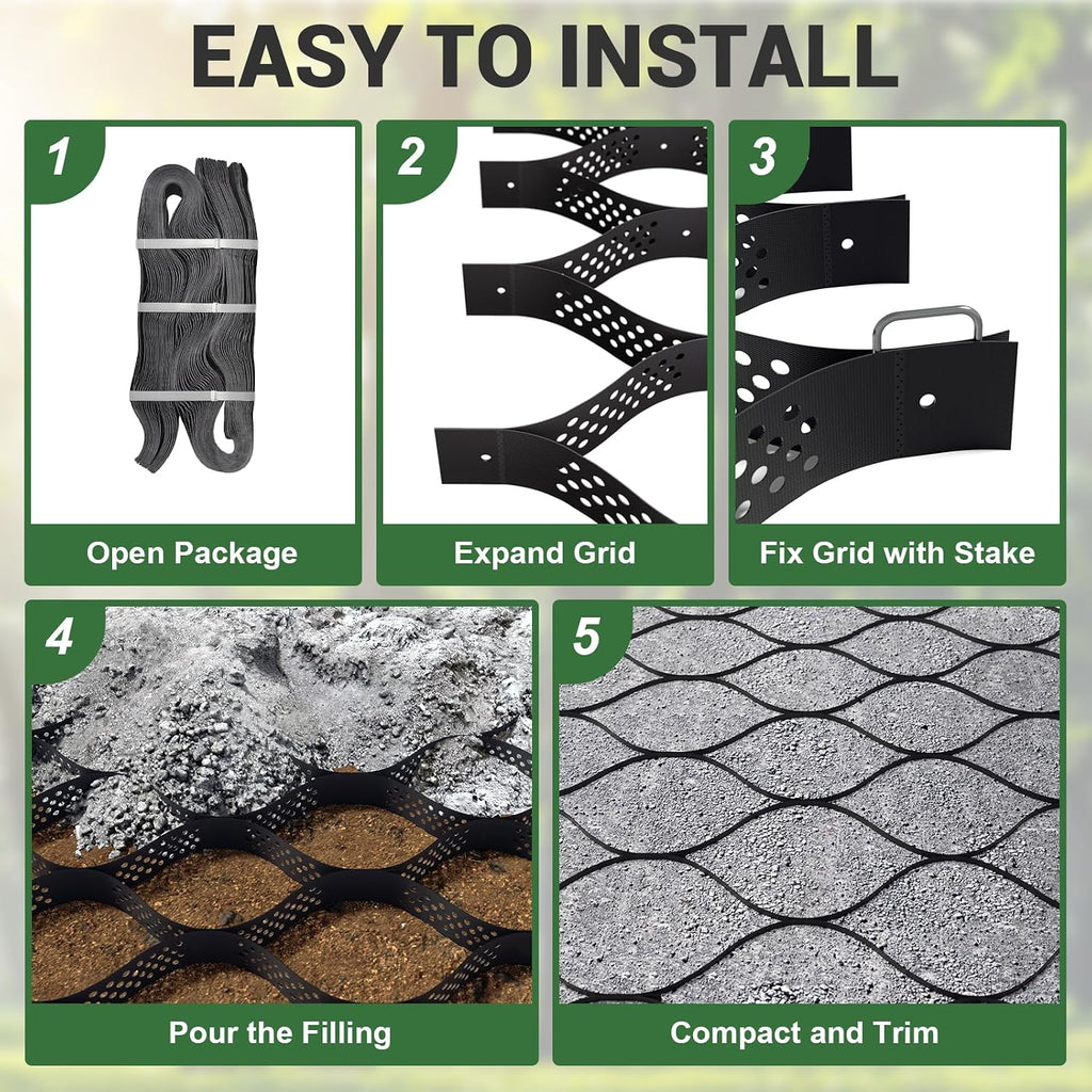 Gravel Grid 4.4x33 FT with 50Pcs Landscape Staples, 4'' Thick Geogrid Ground Grid 2200 lbs per Sq Ft Erosion Control Geo Grid for Driveway, Walkway, Horse Paddock, Patio, Parking Lot, Slope