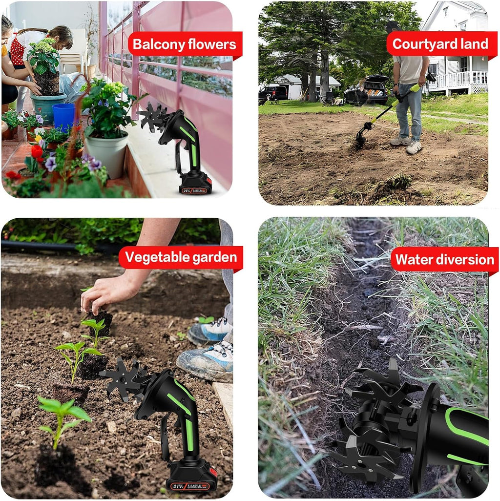 24V Cordless Tiller Cultivator, 2-in-1 Handheld & Extension Rod, 4'' Width & Depth, 235RPM Electric Garden Tiller, 2×1.5Ah Batteries & Charger, Lightweight for Raised Beds & Soil Cultivation