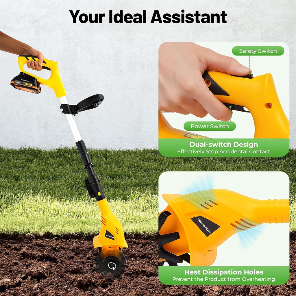 20V Cordless Tiller Cultivator,250RPM Handheld Electric Garden Tilling Tool with Extendable Pole, Mini Portable Rechargeable Battery Powered Tiller Rototillers for Gardening Farm Soil Cultivation