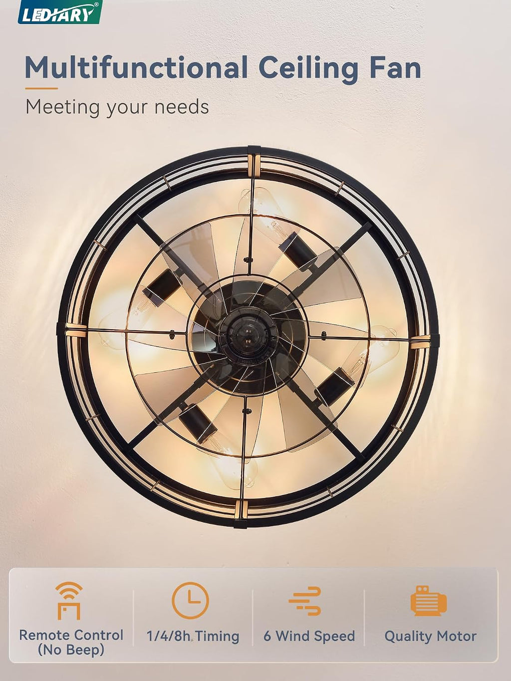 LEDIARY 23' Caged Ceiling Fan with Light and Remote, Low Profile Flush Mount Fandelier, Black Bladeless Enclosed Small Fan Lights Ceiling Fixtures, Rustic Farmhouse Style for Bedroom, Outdoor