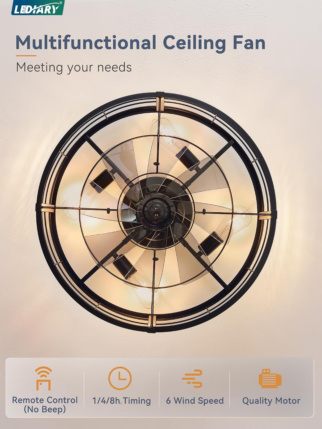 LEDIARY 23' Caged Ceiling Fan with Light and Remote, Low Profile Flush Mount Fandelier, Black Bladeless Enclosed Small Fan Lights Ceiling Fixtures, Rustic Farmhouse Style for Bedroom, Outdoor