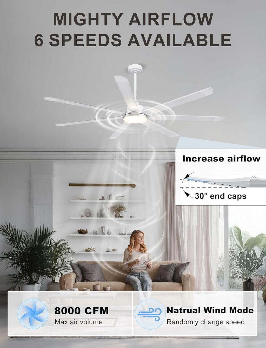 Ohniyou 72'' Large Ceiling Fan with Lights, High CFM Industrial Ceiling Fan with Remote/APP, 7 Aluminum Blades, Dimmable, for Outdoor Patio, Shop, Garage, White