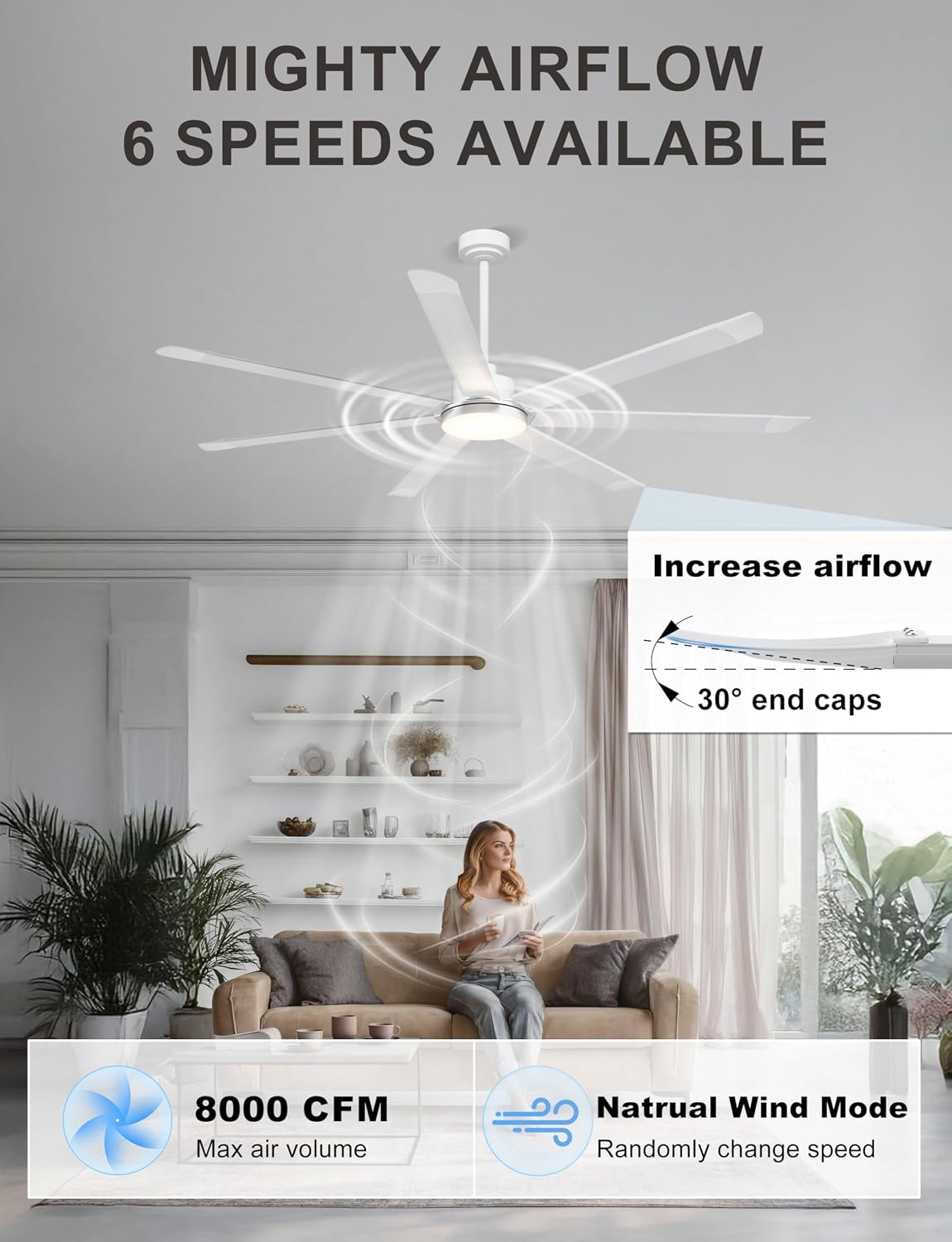 Ohniyou 72'' Large Ceiling Fan with Lights, High CFM Industrial Ceiling Fan with Remote/APP, 7 Aluminum Blades, Dimmable, for Outdoor Patio, Shop, Garage, White