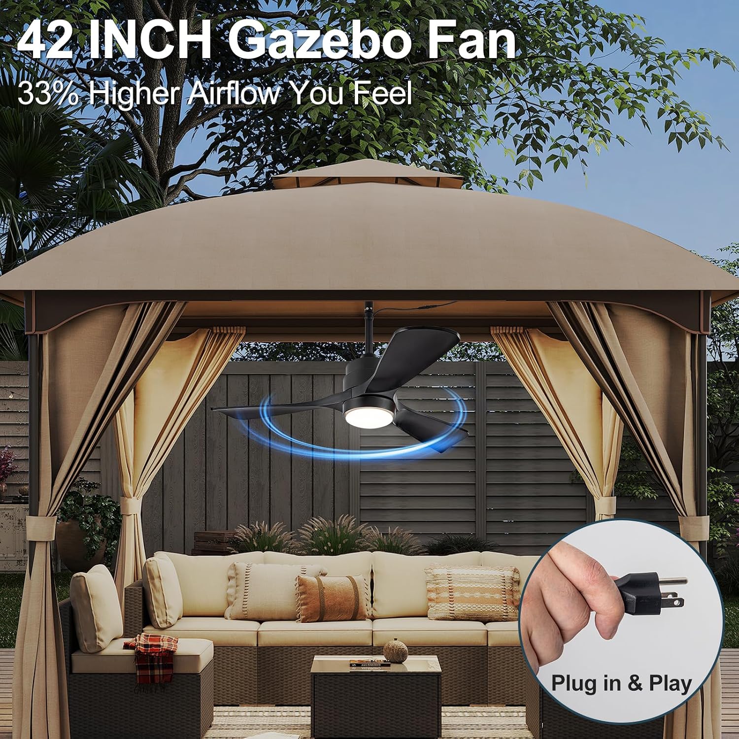 42' Gazebo Fans Outdoor Hanging with Remote Waterproof,Outdoor Ceiling Fan for Patios with Light, Plug in Cord Outlet Hook Wet Rated for Outside Porch, Pergola-Black