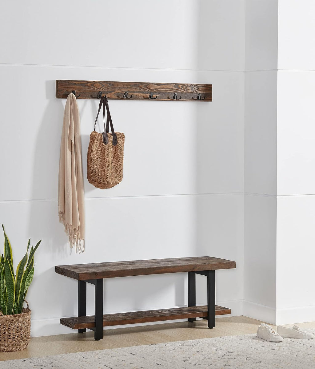 Alaterre Furniture Pomona Entryway Bench and Coat Hook Set – Modern Rustic 48-Inch Solid Wood Bench & Wall Mounted Coat Hook Set for Jackets, Bags & Shoes in Mudroom or Hallway (Rustic Brown)