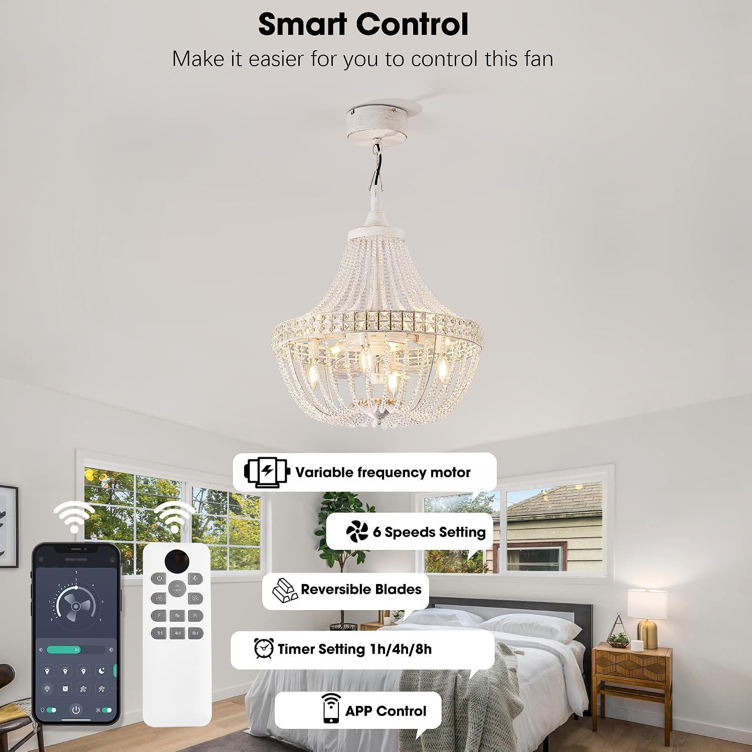 20' Modern Crystal Chandelier Ceiling Fan with Lights, Remote & App Control, 6 Speed, 8-Lights French Empire Fandelier, for Bedroom, Dining Room (Retro White)