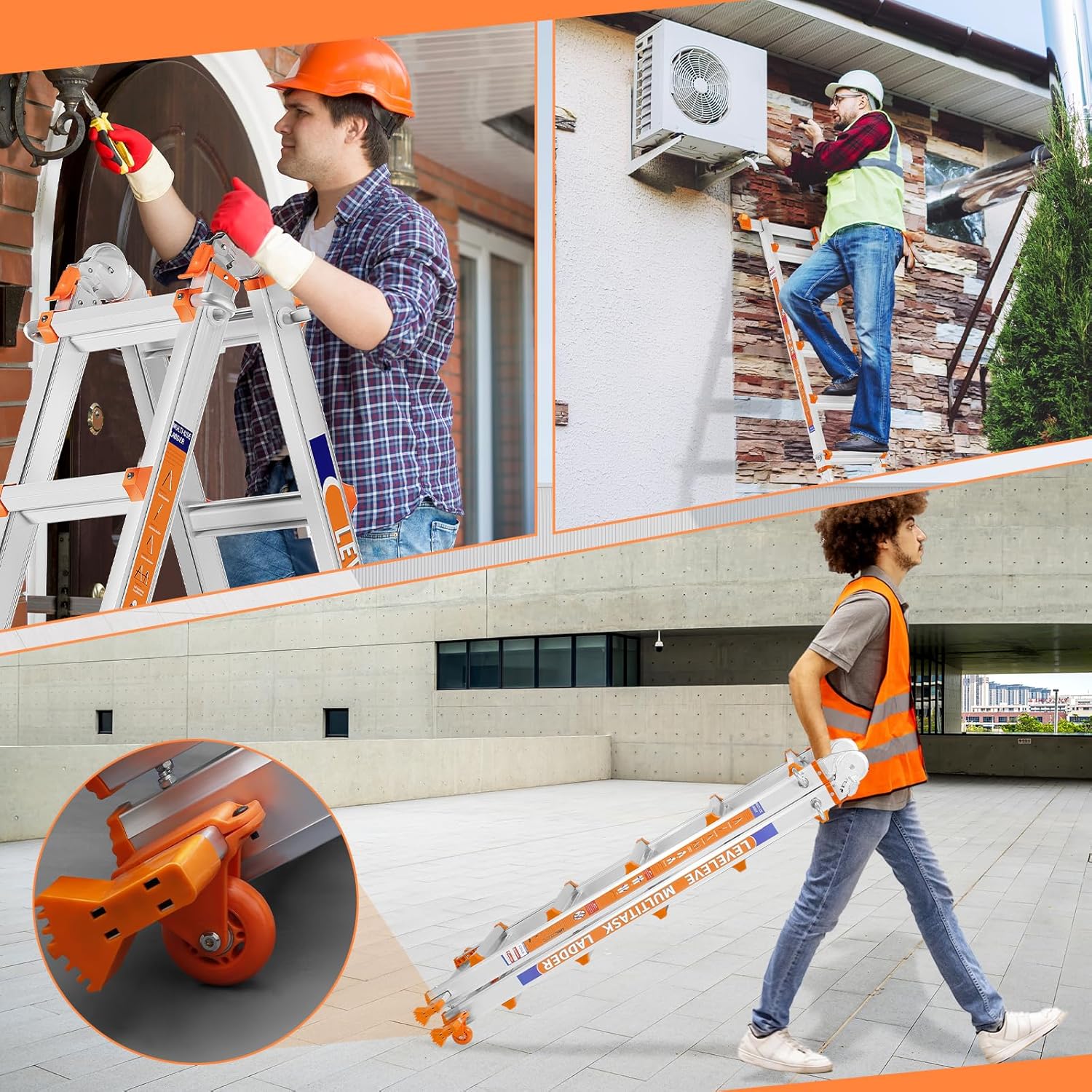 LEVELEVE 11FT Multi Position Ladder,A Frame 3 Step Ladder with Stabilizer Bar & Wheels,330 lbs Security Load Extension Ladder for Stairs Home Indoor Outdoor Roof
