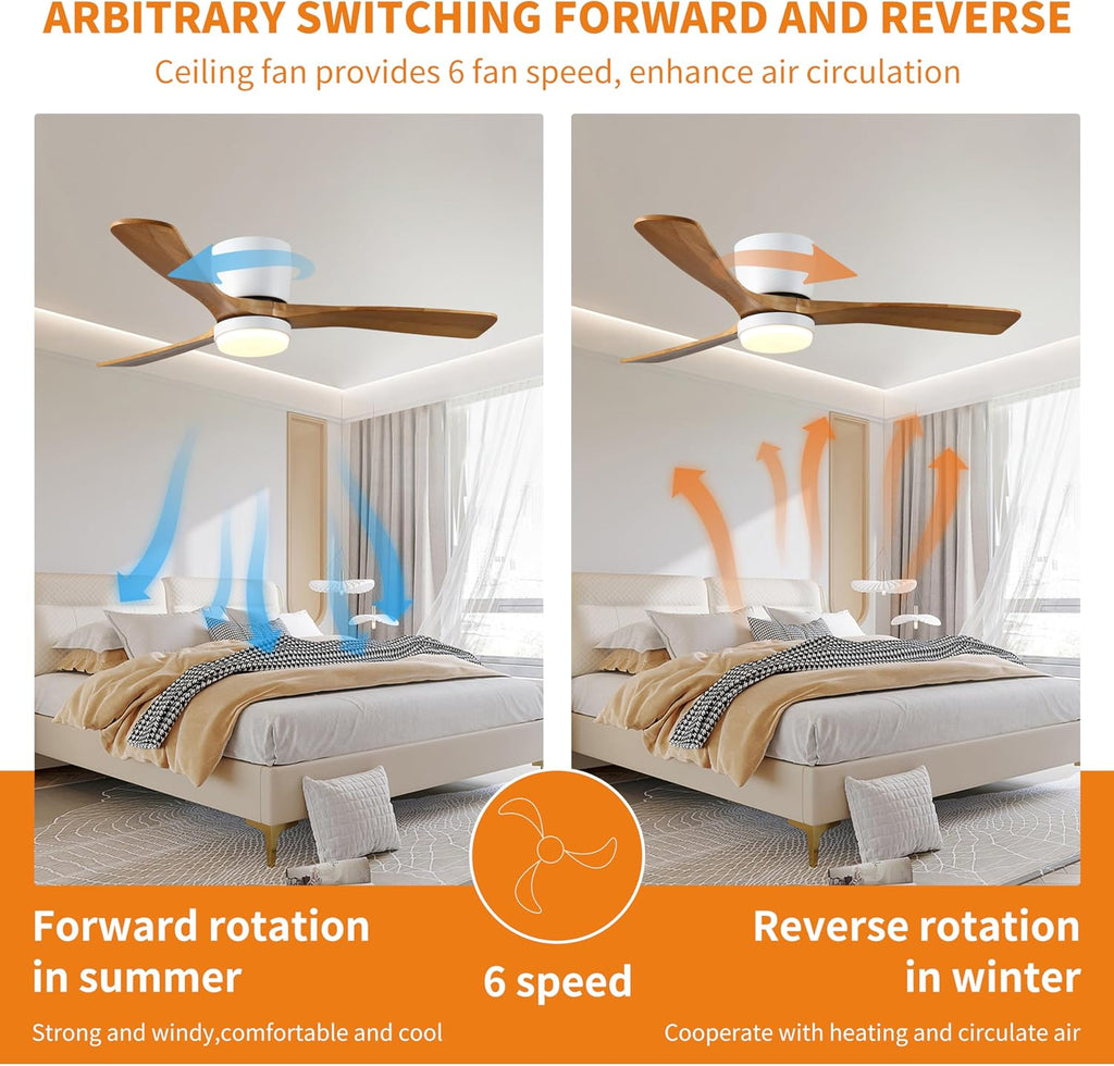 42 inch Wood Ceiling Fans with Lights and Remote, Flush Mount Low Profile Ceiling Fan with Light, 6 Speed, Reversible DC Motor, for Bedroom,Outdoor,Farmhouse,Patios