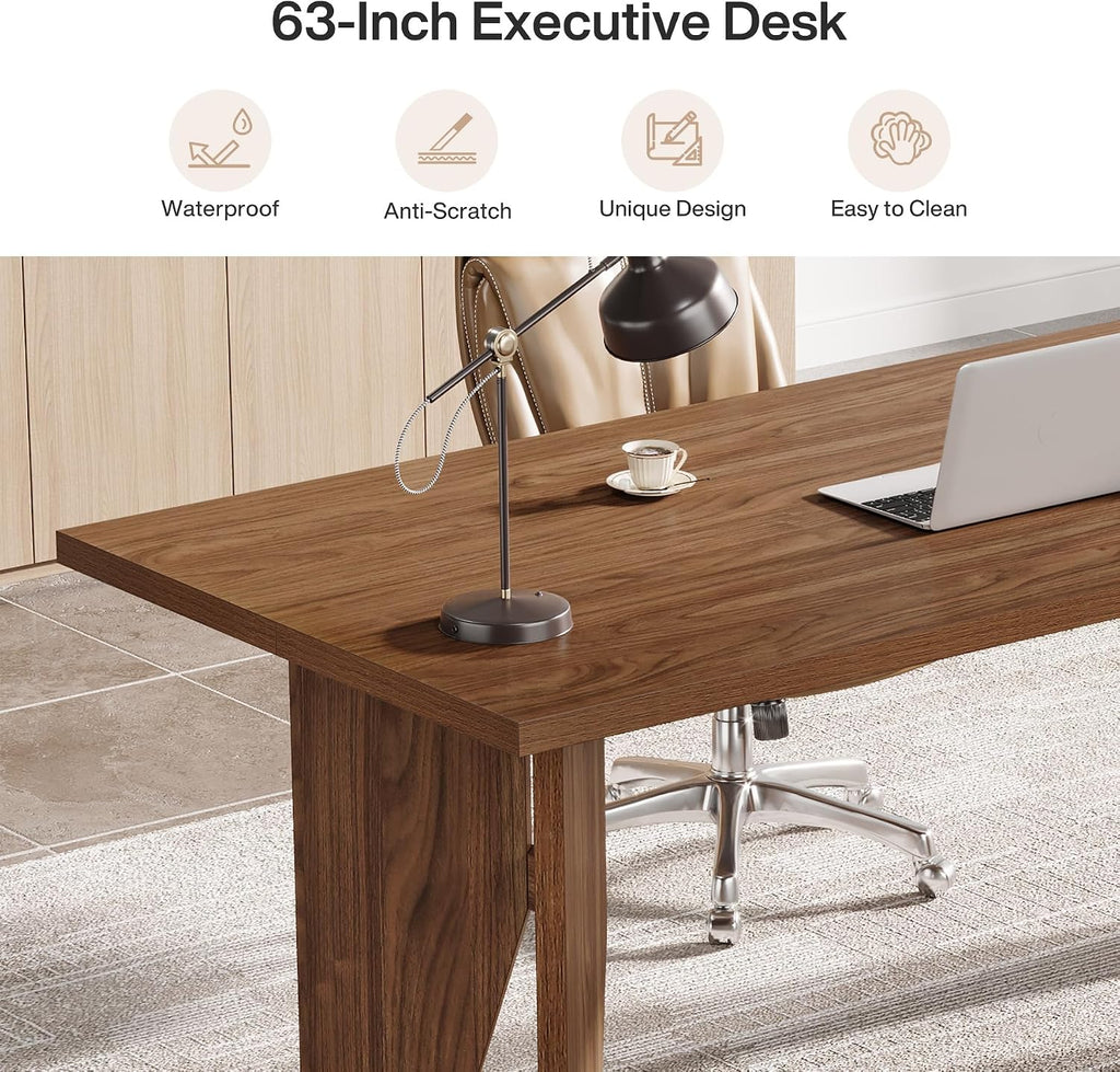 Tribesigns 63' Executive Desk, Mid-Century Modern Office Computer Desk with Sturdy Legs, Large Wooden Workstation Writing Table, Farmhouse Business Furniture for Home Office, Brown