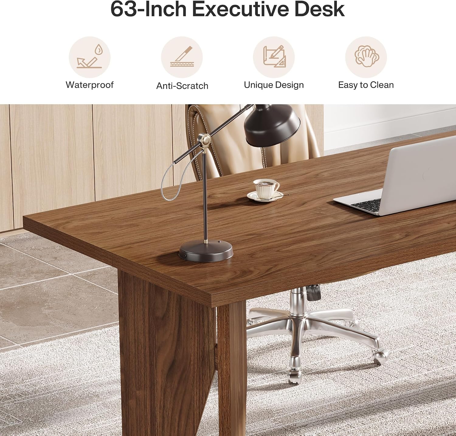 Tribesigns 63' Executive Desk, Mid-Century Modern Office Computer Desk with Sturdy Legs, Large Wooden Workstation Writing Table, Farmhouse Business Furniture for Home Office, Brown