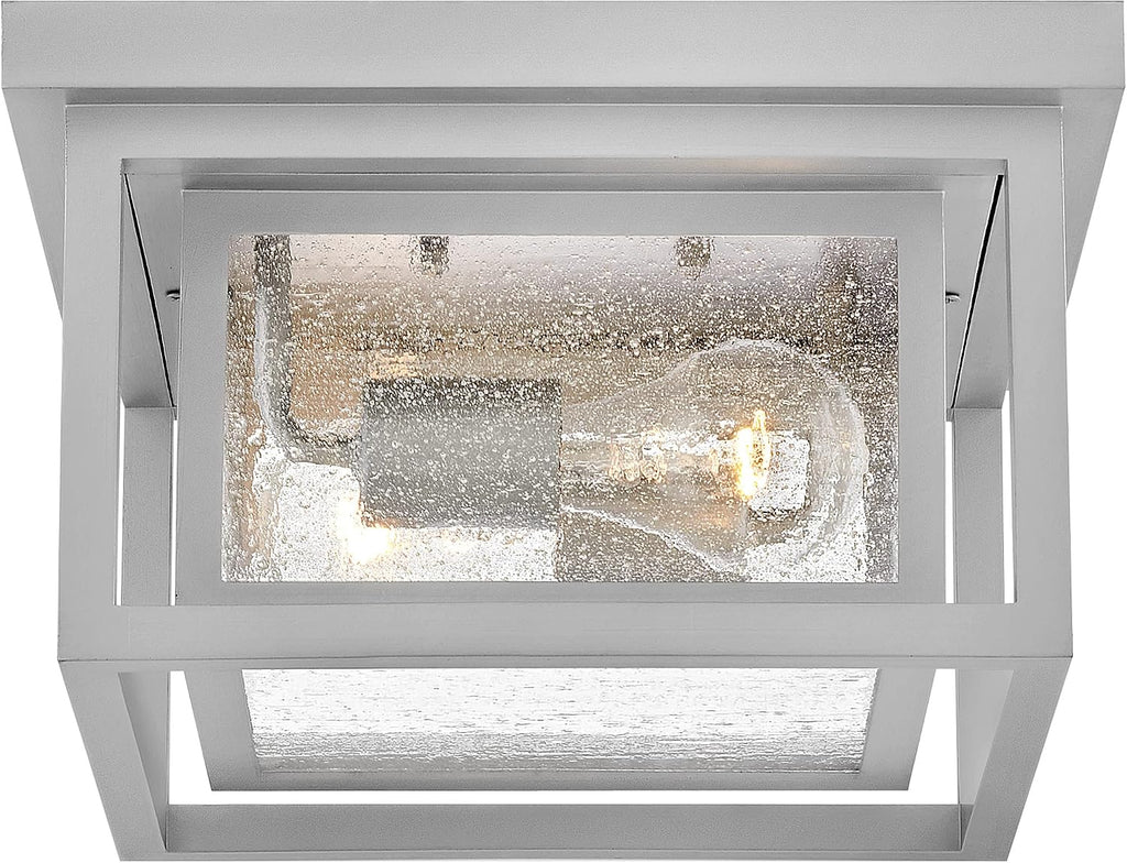 Hinkley Republic Small Flush Mount Outdoor Ceiling Light, Composite, Clear Seedy Glass Panes, Anti-Fading Finish, Satin Nickel Finish