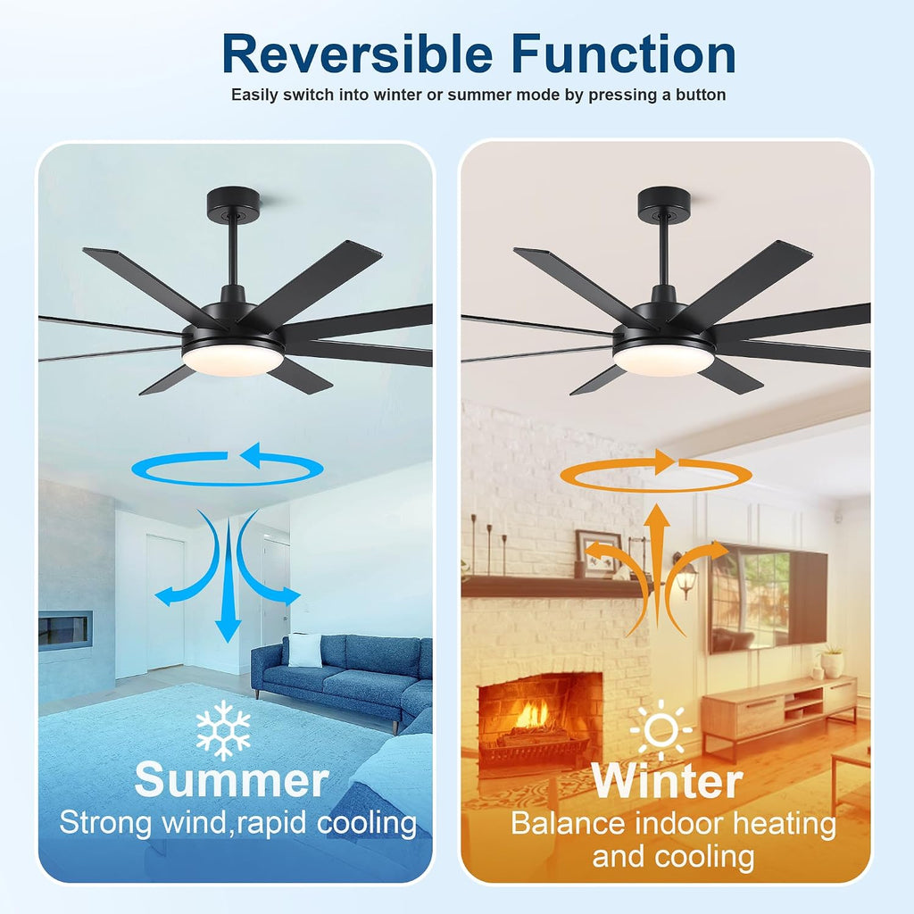 Ceiling Fans with Lights and Remote - 62 Inch Black Modern Ceiling Fan with Light for Bedroom Living Room Kitchen Indoor - 6 Speed Reversible DC Motor Timer 3 CCT Dimmable