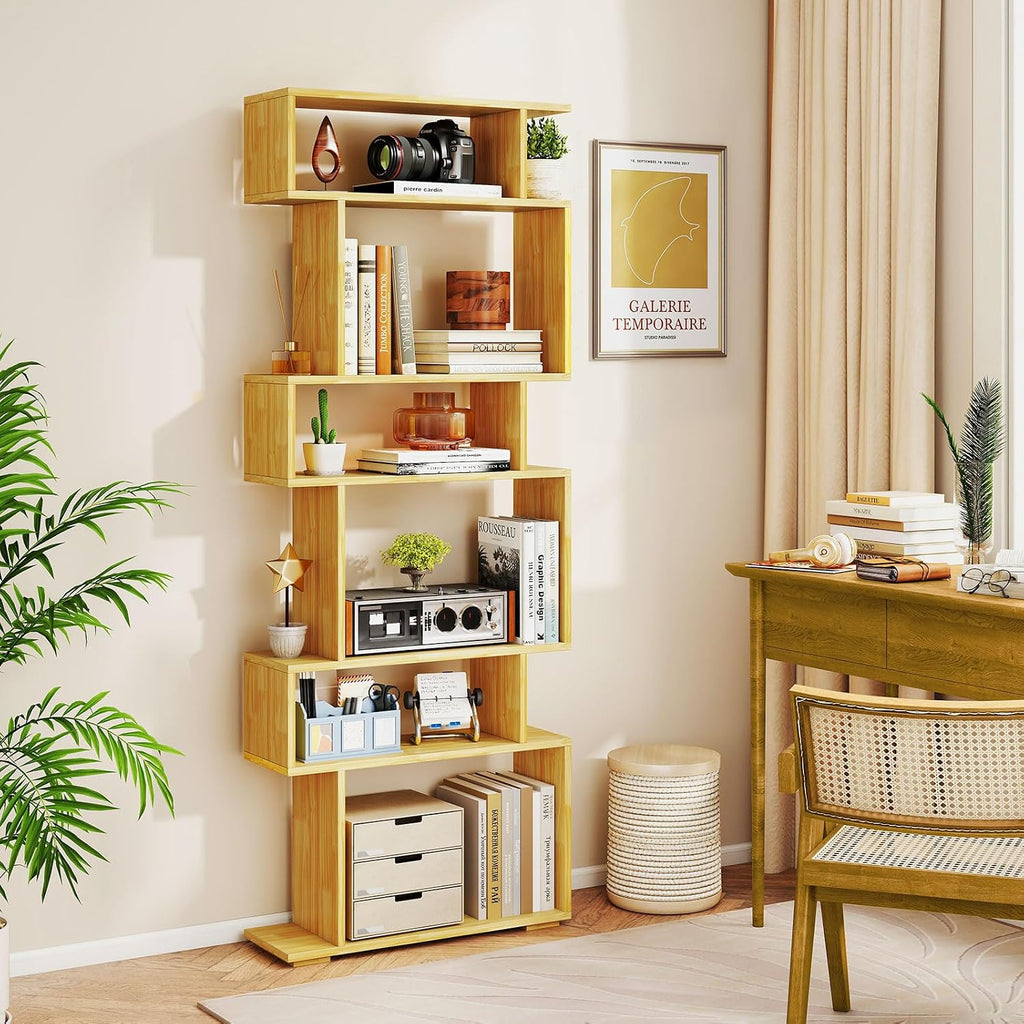 Giantex 6-Tier Geometric Bookshelves Set of 2, S-Shaped Bookcase with 2 Anti-Tipping Kits, Wooden Display Shelf, Decorative Storage Shelving Unit, Home Storage Organizer for Living Room, Burlywood