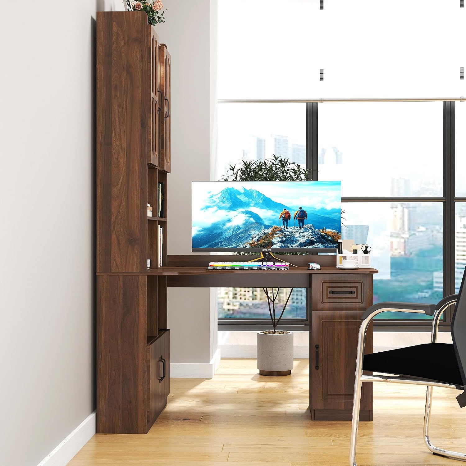 Jmyab L-Shaped Corner Computer Desk for Home Office, Study Modern Style Table with Drawer, Bookshelf Hutch Study Table, 2-in-1 L-Shaped Design, Large Working Space, Walnut