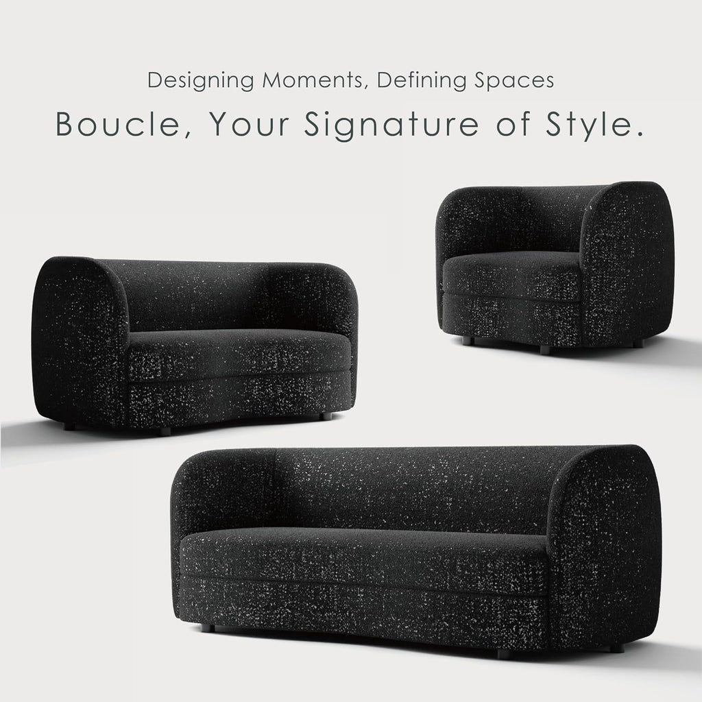 Furniture of America Nimiane Modern Boucle 3 Piece Sofa Set with Curved Arms and Wooden Legs, Accent Furniture Sets for Living Room, Home Office, Bedroom, Lounge, Black