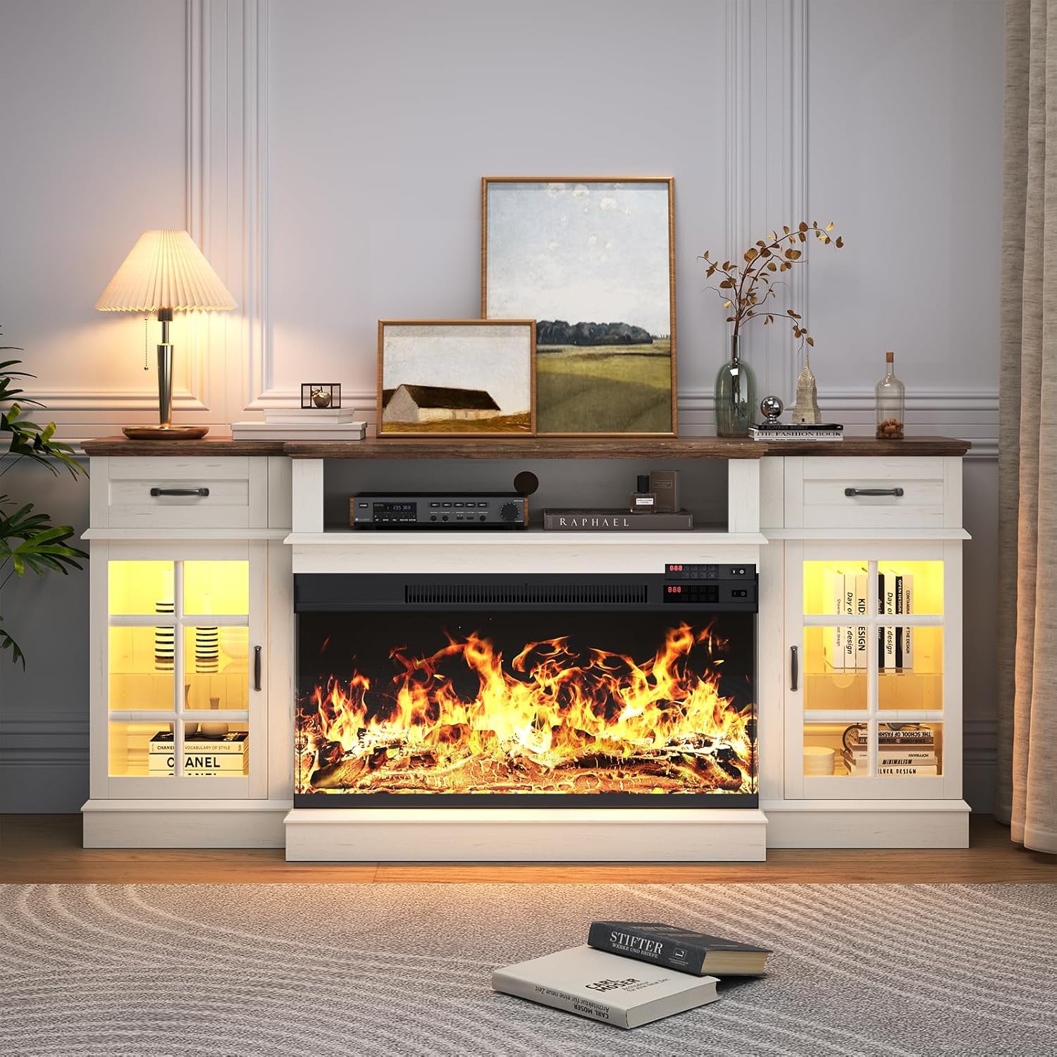 MXV 70' Fireplace TV Stand, 3-Sided Glass Fireplace and Modern Entertainment Center, Wooden Media Console with Glass Doors & Storage Drawers, LED Light, for Living Room, Antique White