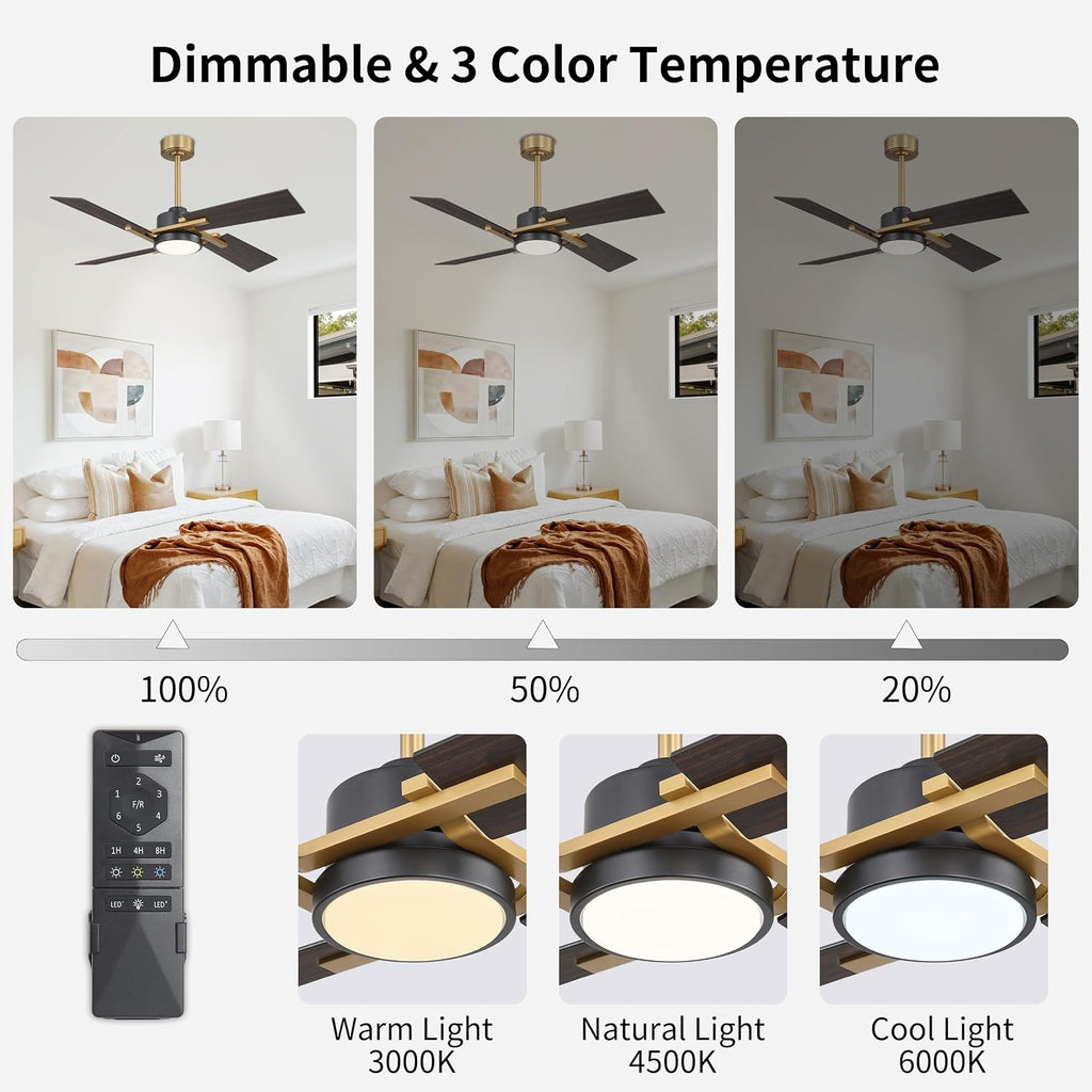 WINGBO 48 Inch Ceiling Fan with Light and Remote, 4 Plywood Blades, 6-Speed Reversible DC Motor, Dimmable, 3CCT, Farmhouse Ceiling Fan for Bedroom Living Room Kitchen, Brass and Black/Walnut