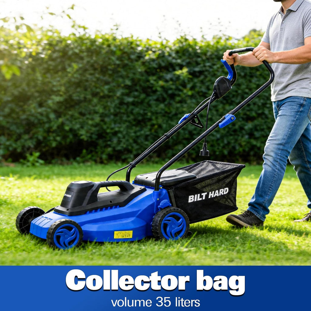 BILT HARD 15' Corded Electric Lawn Mower, 11A Motor 3300RPM Push Mower with 35L Grass Bag, 5 Height Adjustments (1'-3'), Lightweight & Foldable Handle for Small Yards