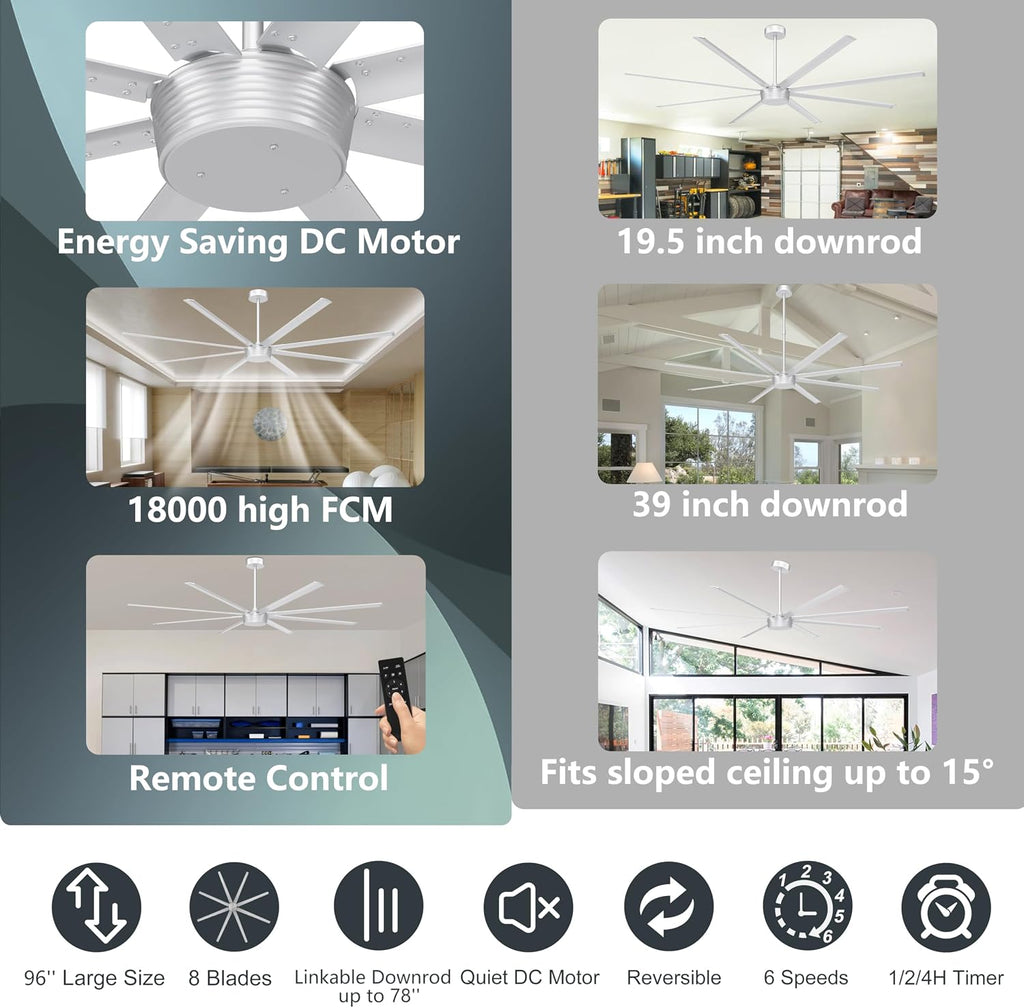 Ohniyou 96'' Industrial Ceiling Fan No Light - High CFM Large Metal Fan with 8 Aluminum Blades, Remote/APP Controlled, DC Motor, for Shop, Warehouse, Gym, Silver