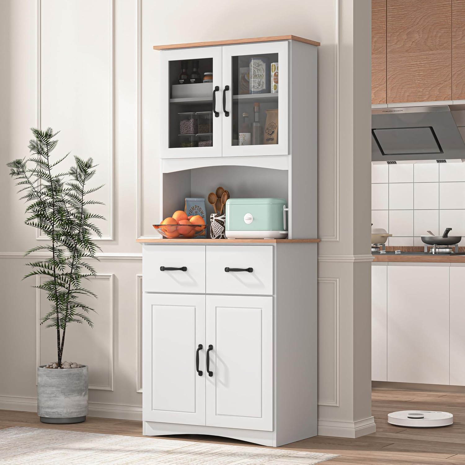 GDFStudio Wooden Kitchen Pantry Cupboard with Framed Glass Doors & Drawer, Freestanding Storage Cabinet Hutch, Kitchen Living Room Rectangle Storage Cabinet, Home Organization Cupboard, White