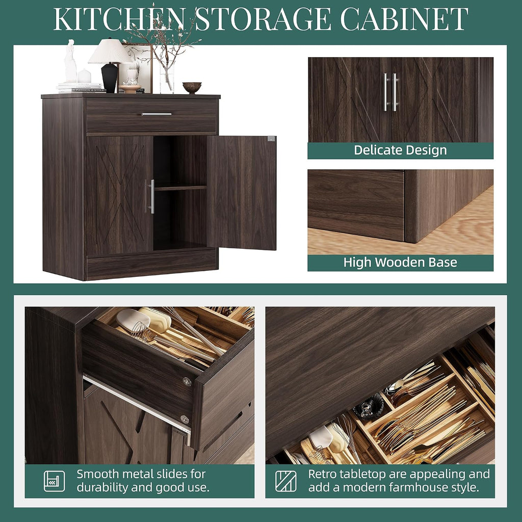 Shintenchi Farmhouse Storage Cabinets with Doors and Shelves,Kitchen Barn Door Storage Cabinet with Drawers,Coffee Bar Cabinet Buffest Sideboard for Dining Living Room,Bathroom,Entryway,Dark Brown