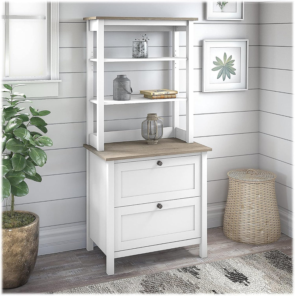 Bush Home Mayfield Bookcase with Drawers in Pure White and Shiplap Gray