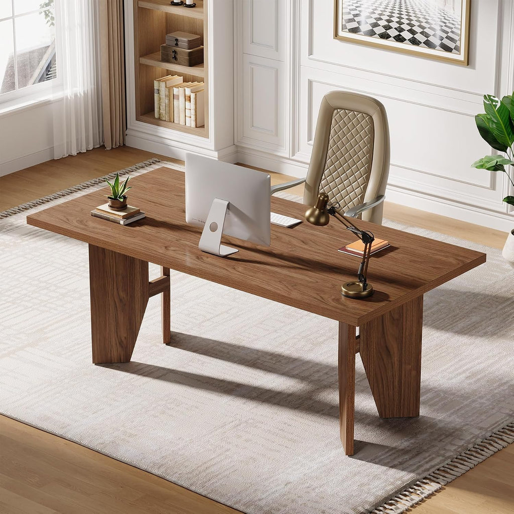 Tribesigns 63' Executive Desk, Mid-Century Modern Office Computer Desk with Sturdy Legs, Large Wooden Workstation Writing Table, Farmhouse Business Furniture for Home Office, Brown