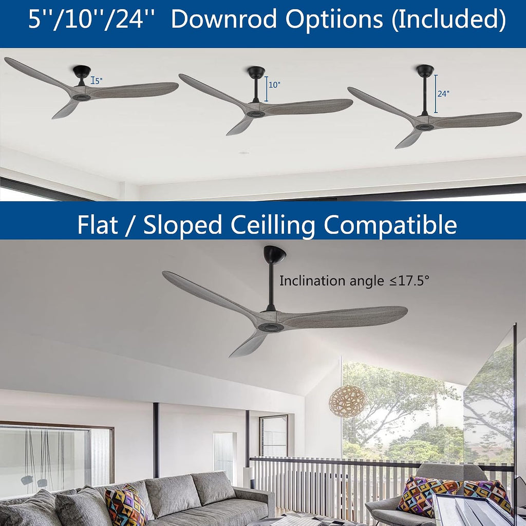 60 Inch Ceiling Fans with Remote Control,3 Imitation Wood ABS Blades, 6 Speeds, Noiseless Reversible DC Motor,Indoor/Outdoor Ceiling Fan for Farmhouse Living Room Dining Room Patio