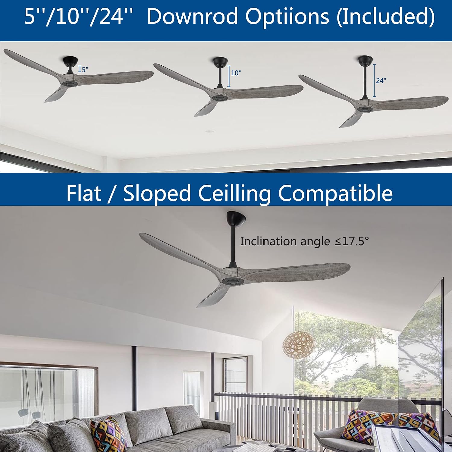 60 Inch Ceiling Fans with Remote Control,3 Imitation Wood ABS Blades, 6 Speeds, Noiseless Reversible DC Motor,Indoor/Outdoor Ceiling Fan for Farmhouse Living Room Dining Room Patio