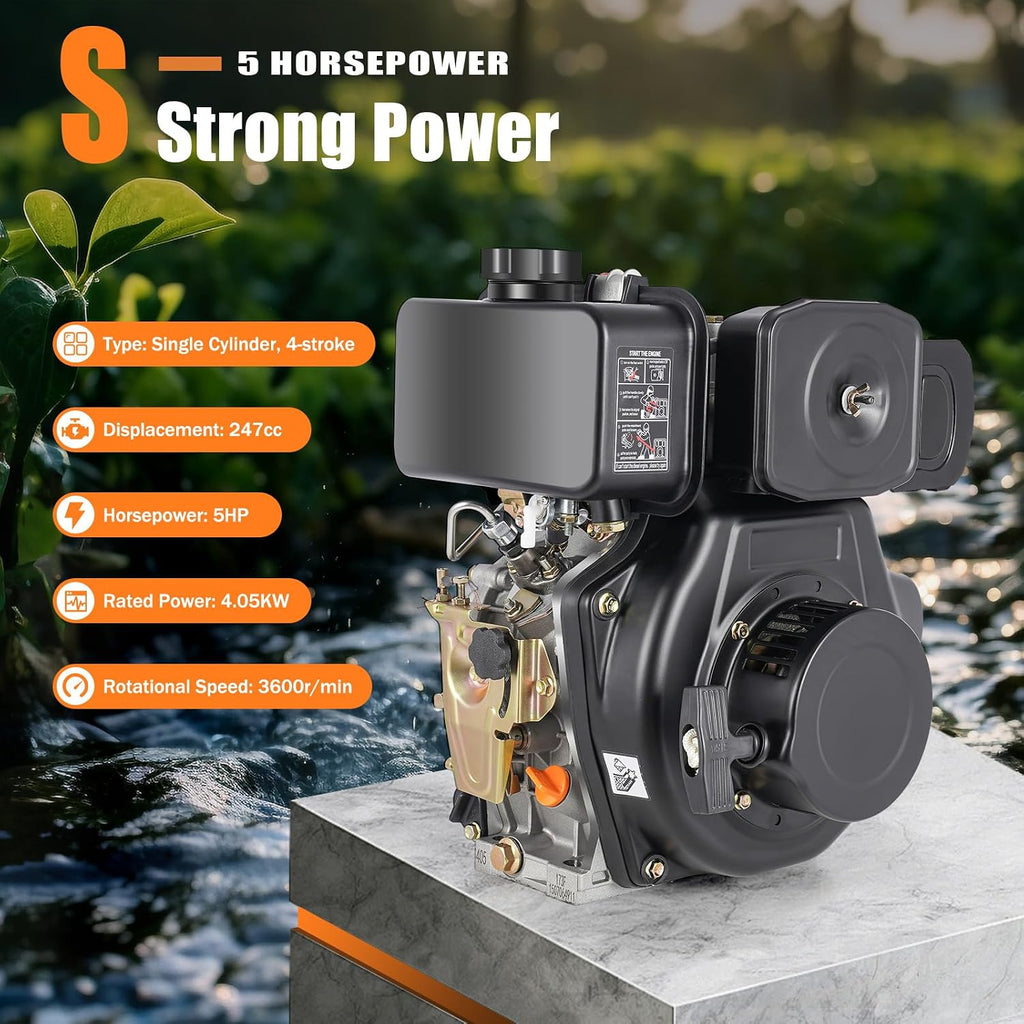 4 Stroke Diesel Engine 247CC 5HP Diesel Motor 3.6KW Single Cylinder Vertical Engine Diesel Engine Motor with Air Cooled System & Hand Start Mode for Water Pumps, Micro Tillers | US Stock