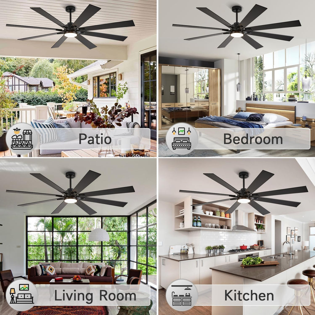 Modern Black Ceiling Fan with Light, 72 Inch Industrial Large Ceiling Fans with 8 Blade, Remote Control, Reversible DC Motor, Low Profile Indoor Outdoor Ceiling Fan for Office Exterior