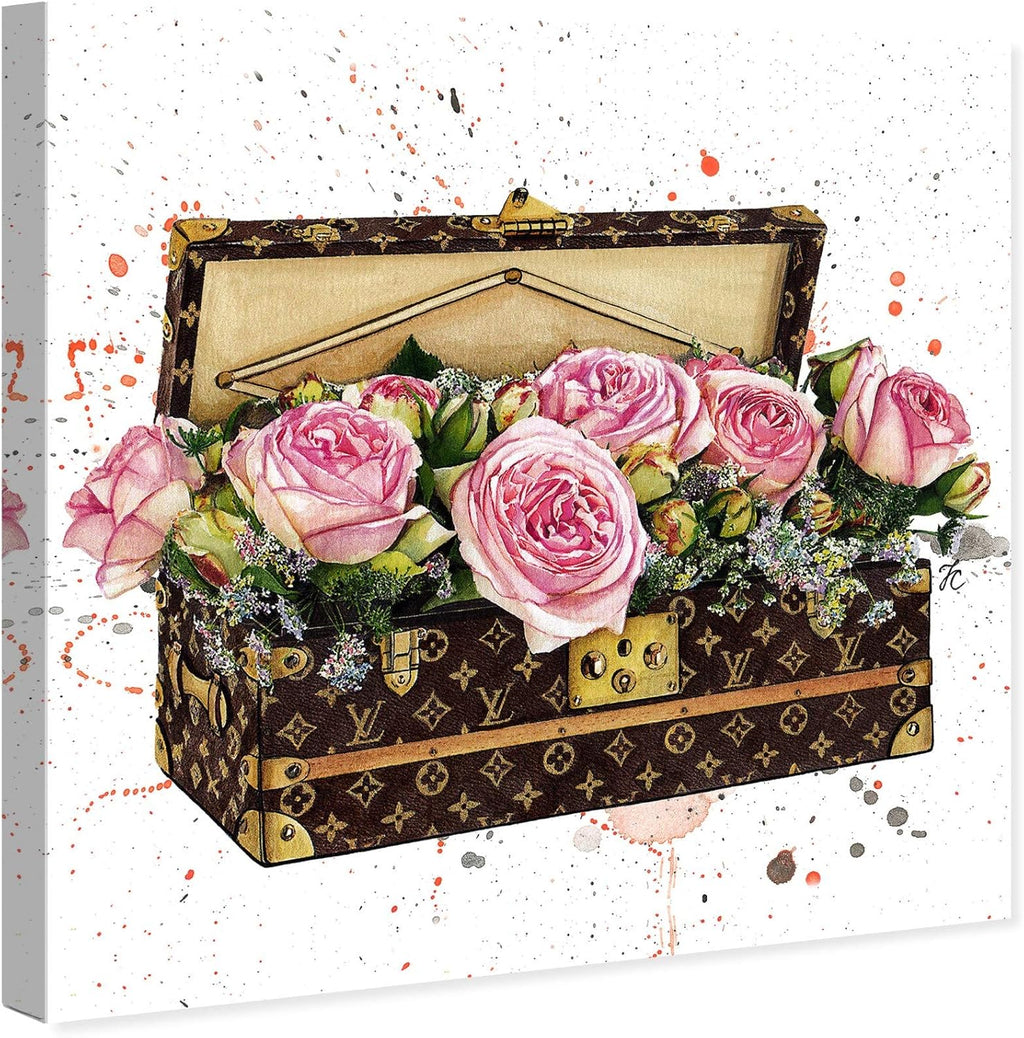 The Oliver Gal Artist Co. Fashion and Glam Wall Art Canvas Prints 'Doll Memories-Trunk Full of Flowers' Travel Essentials Home Décor, 30 in x 30 in, Pink, Brown
