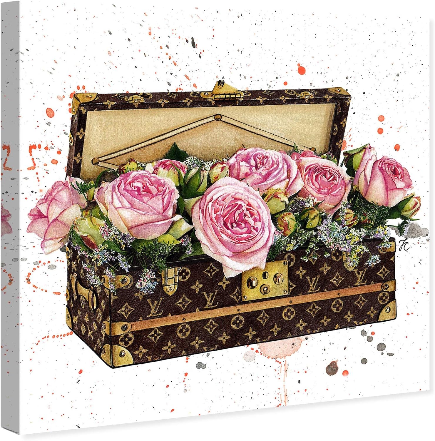 The Oliver Gal Artist Co. Fashion and Glam Wall Art Canvas Prints 'Doll Memories-Trunk Full of Flowers' Travel Essentials Home Décor, 30 in x 30 in, Pink, Brown