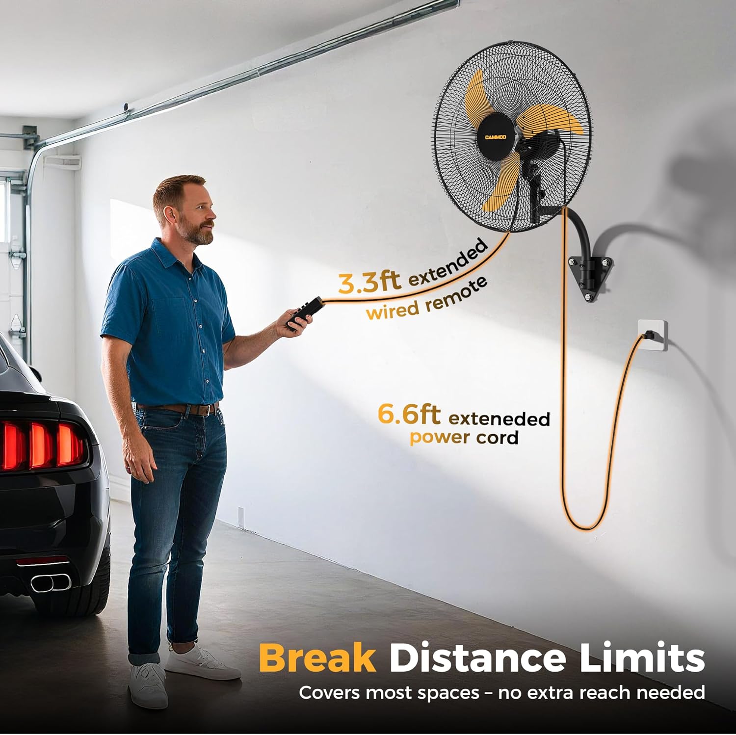 CAMMOO 20 Inch Wall Mount Fan Oscillating, 600D Oxford Cover & Wired Remote | Extended 3.3ft Wired Remote & 6.6ft Power Cord Wall Fan, 3-Speed High Velocity Wall Mounted Fan, for Garage, Workshop