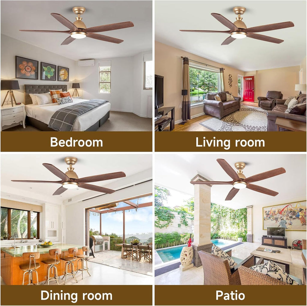 52 Inch Ceiling Fan with Light and Remote Control, Damp Rated Outdoor Fan for Patios, 5 Wood Bladesd and 3 Gold Downrods, 6-Speed Wind, Reversible DC Fan for Modern Farmhouse Office