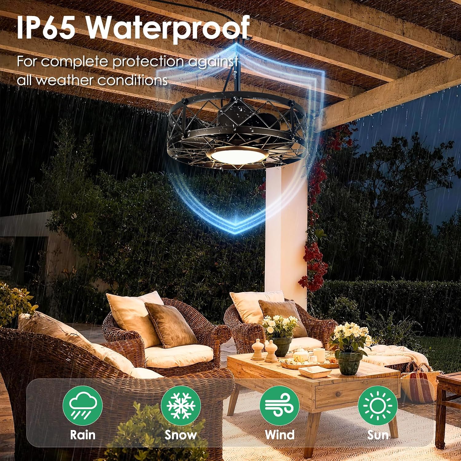 ropelux Outdoor Ceiling Fans with Light,Waterproof Ceiling Fan Light with Remote & APP Control,20 Inch Plug in Caged with Dimmable 3CCT 6-Speeds,Noiseless for Gazebo Patio Porch (Black, 20inch)