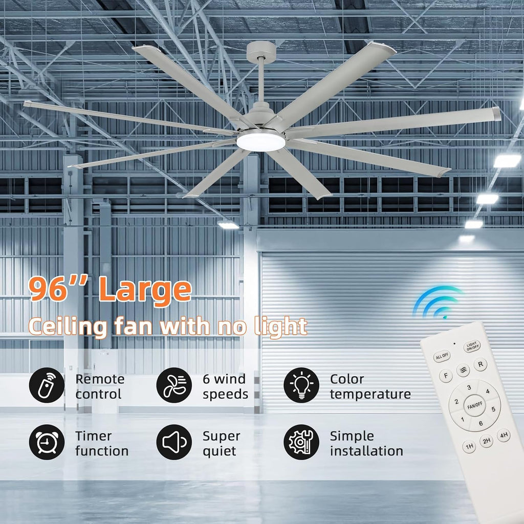 YYEHON 96 Inch Ceiling Fan with Light and Remote Control，Industrial Large Ceiling Fans with 8 Aluminum Blades, Silver，3CCT,Commercial Ceiling Fan for Porch/Garage/Shop
