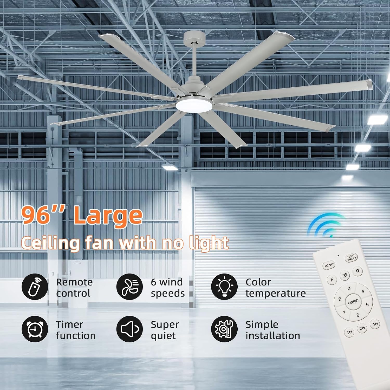 YYEHON 96 Inch Ceiling Fan with Light and Remote Control，Industrial Large Ceiling Fans with 8 Aluminum Blades, Silver，3CCT,Commercial Ceiling Fan for Porch/Garage/Shop