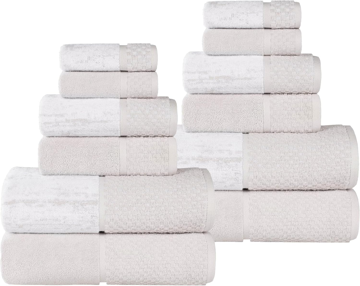 Superior Cotton 12 Piece Assorted Towel Set, Quick Dry, Bathroom Essentials, Shower, Spa, Soft Absorbent Towels, Includes 4 Bath, 4 Hand, 4 Washcloth/Face Towels, Lodie Collection, Stone-White