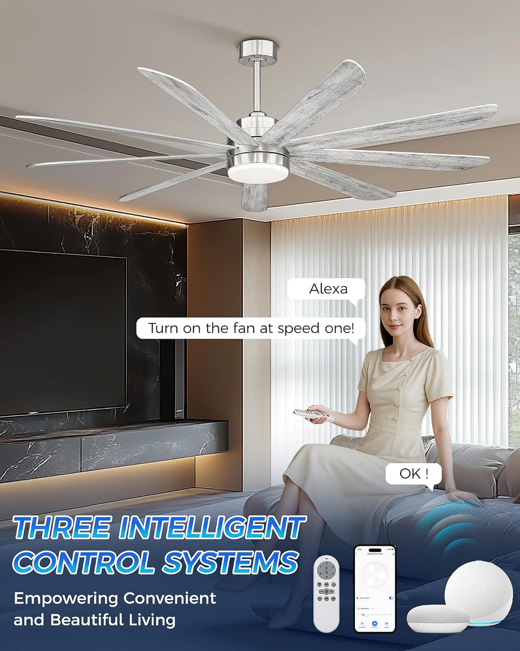 72 inch Large Ceiling Fans with Lights, Modern Ceiling Fan with Voice Control for Kitchen Living Room, 9 Blades Dual Nickel & White Walnut Ceiling Fan with Remote, CF03-BN