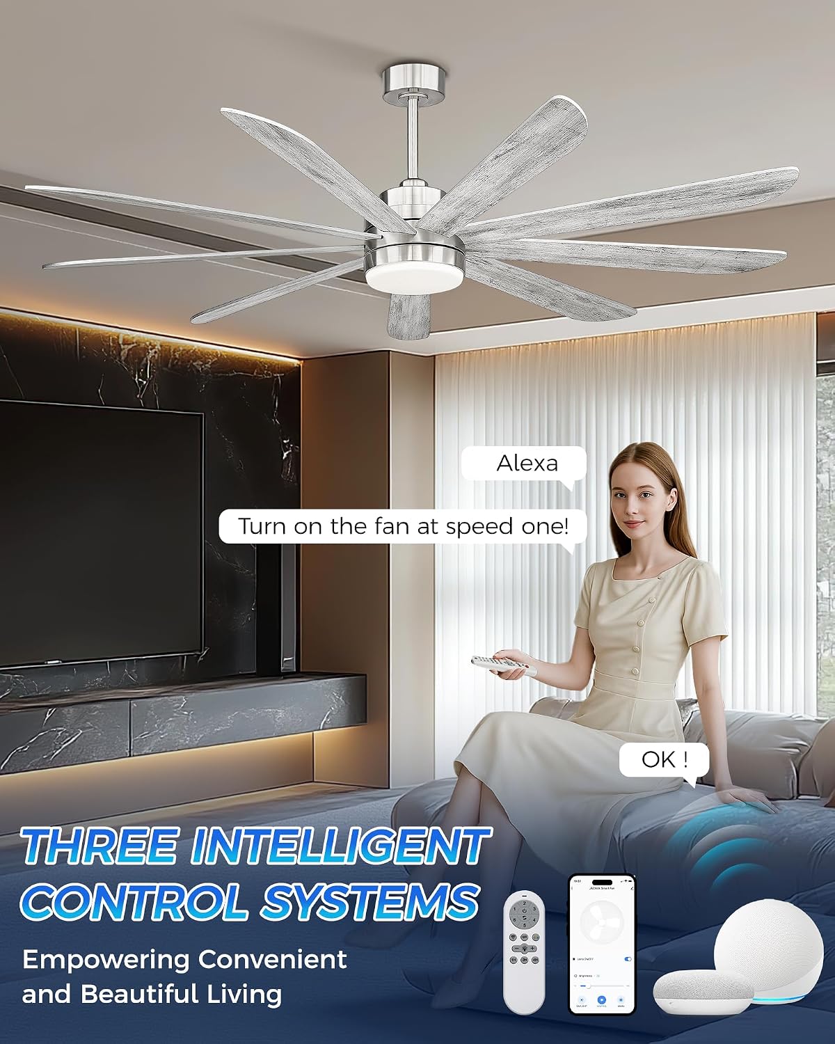 72 inch Large Ceiling Fans with Lights, Modern Ceiling Fan with Voice Control for Kitchen Living Room, 9 Blades Dual Nickel & White Walnut Ceiling Fan with Remote, CF03-BN
