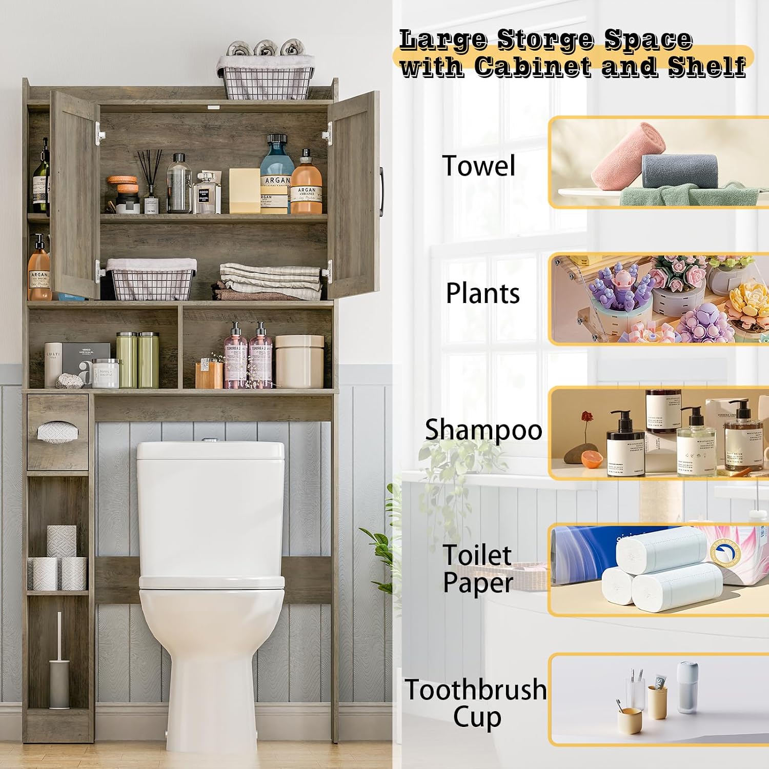 Vabches Over The Toilet Storage Cabinet, Farmhouse Storage Cabinet Over Toilet with 2 Barn Door & Toilet Paper Holder Stand, Home Space-Saving Rack, for Bathroom, Restroom (Grey).