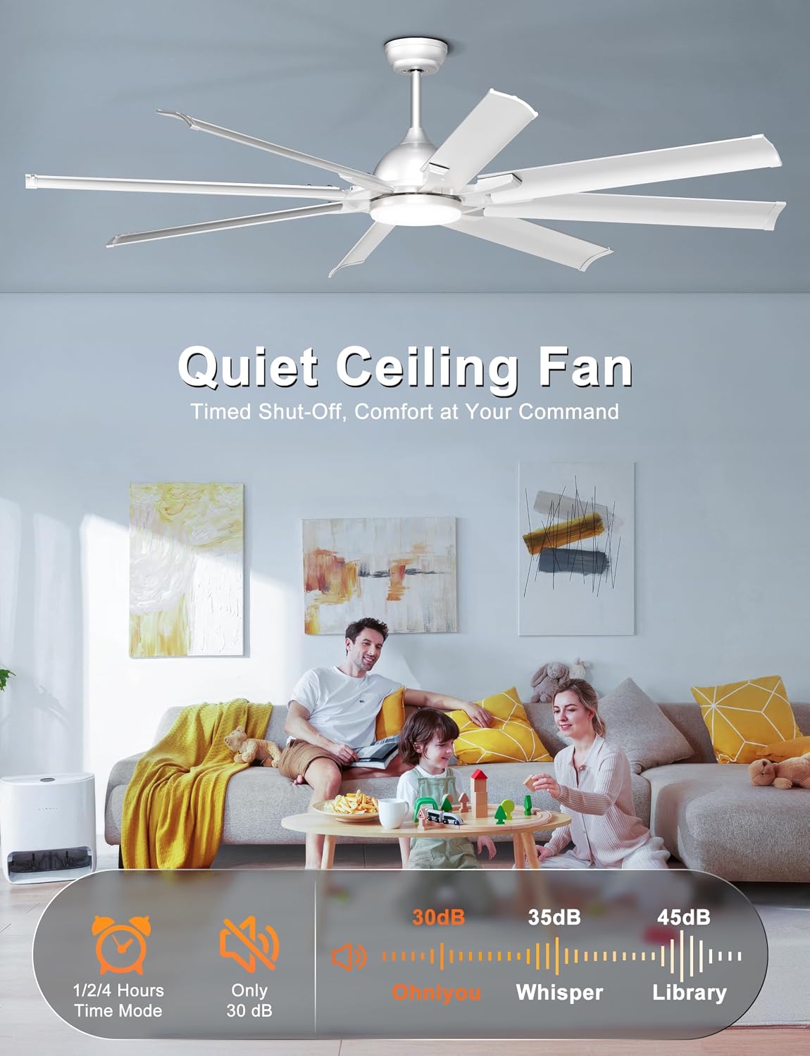 Ohniyou 72 Inch Industrial Ceiling Fan with Lights Remote Control, Large Ceiling Fan with 8 Aluminum Blades, 3 CCT, 6-Speed Quiet DC Motor for Living Room, Covered Outdoor, Shop, Garage(Silver)
