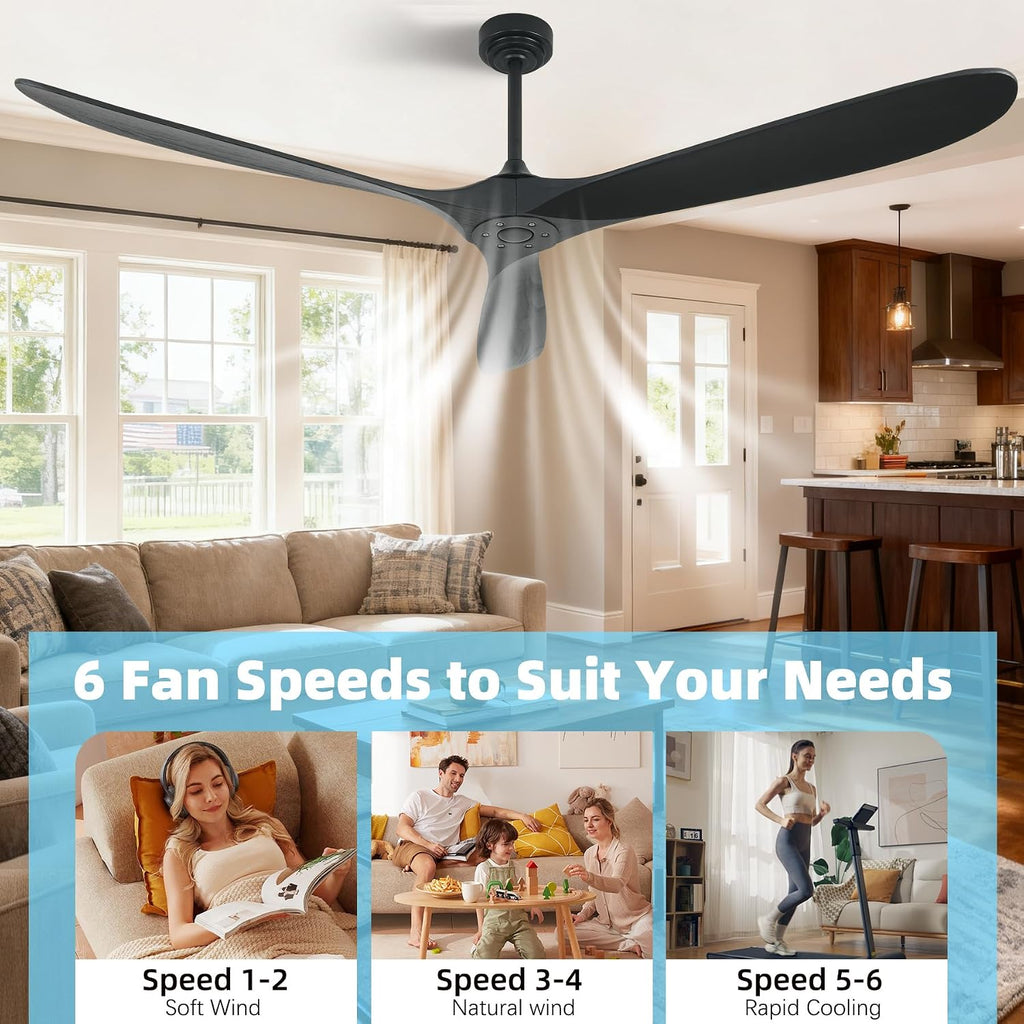 Ceiling Fan Without Light, 72 Inch Smart Wood Ceiling Fan no Lights, Compatible with Alexa/Google, 3 Natural Walnut Black Blades, Remote, Quiet Reversible DC Motor for Indoor Outdoor