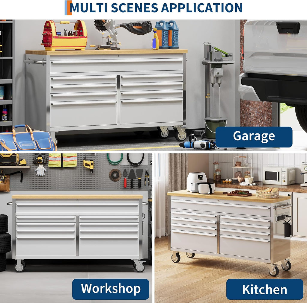 GarveeLife 61-Inch Rolling Tool Chest with 9 Drawers Garage Workbench, Solid Rubberwood Top, Storage Cabinet with Wheel Lock and Key Lock for Workshop, Garage, Kitchen and Home